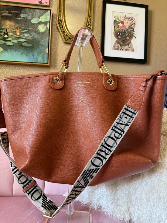 Emporio Armani Handbags - 💯Auth! Emporio Armani Saddle Brown Leather Bag Tote Branded Strap Gold Hardware